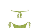 Light green string bikini top with matching tie side cinch bikini bottoms.