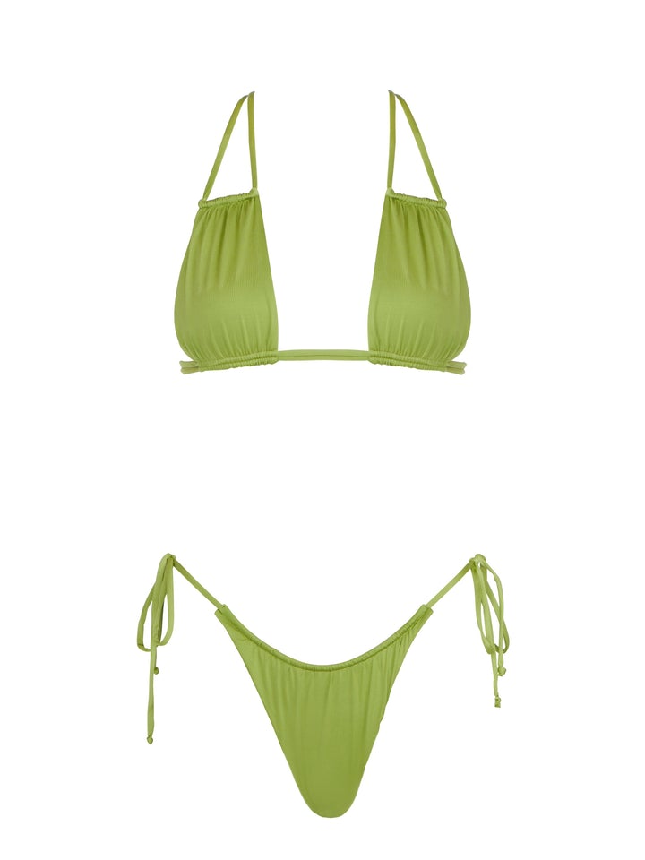 Light green string bikini top with matching tie side cinch bikini bottoms.