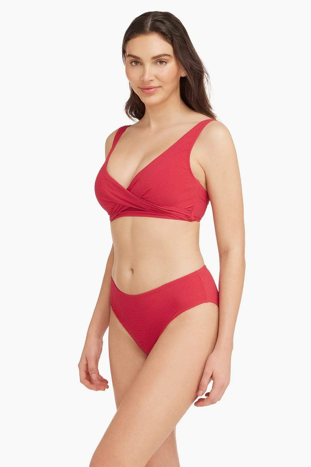 Red Textured Mid Rise Bikini Bottom