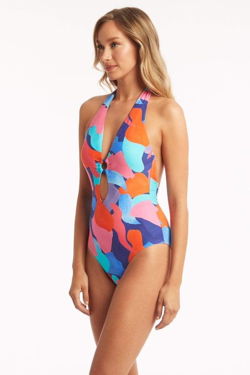 Bright Print Cut Out Halter One Piece 