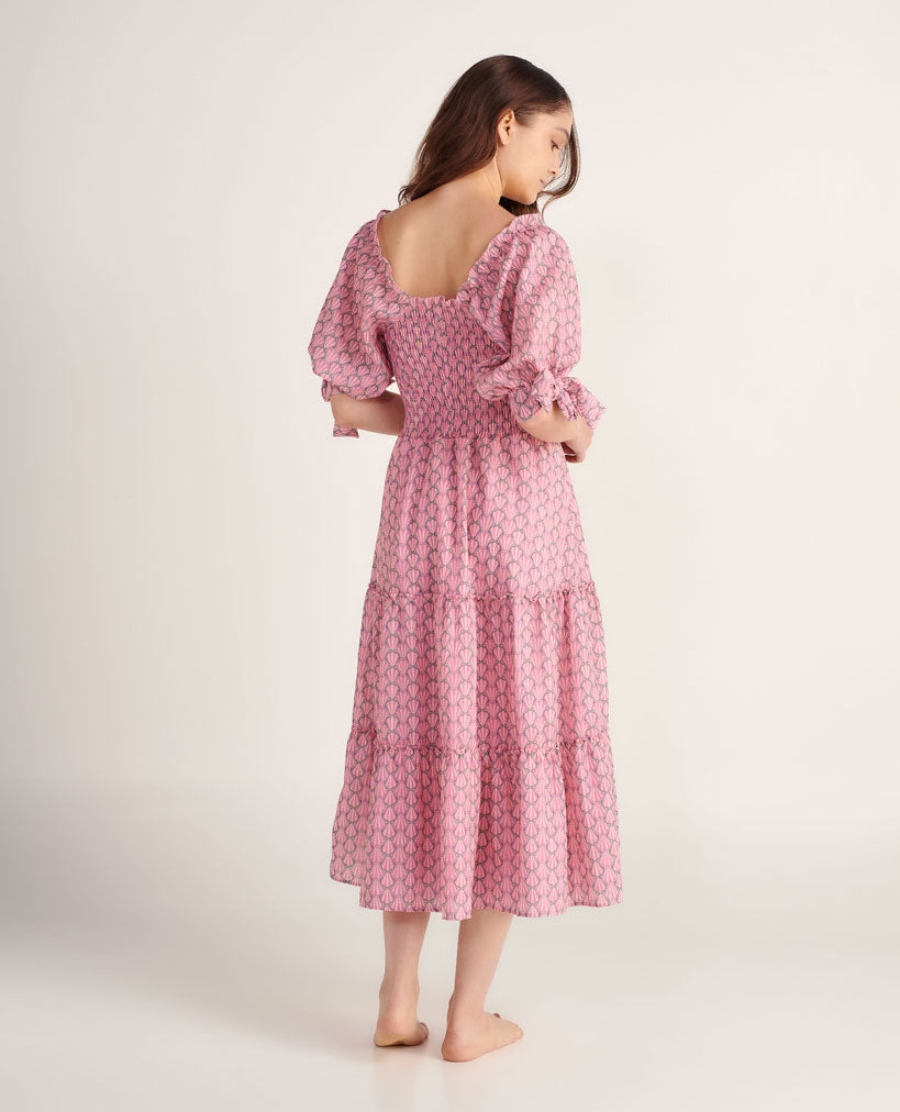 Pink maxi dress with smocked top and puff sleeves