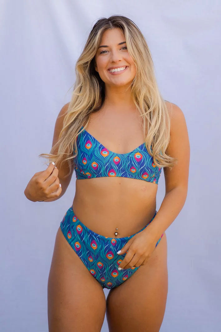 peacock print high waisted bikini bottoms