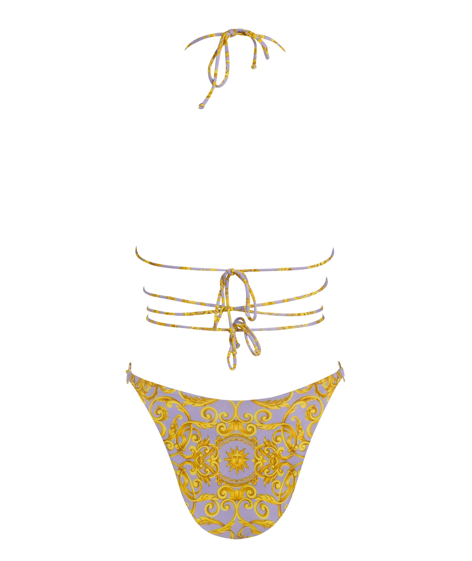 light purple bikini bottoms with gold sun print design and strappy wrap bikini top