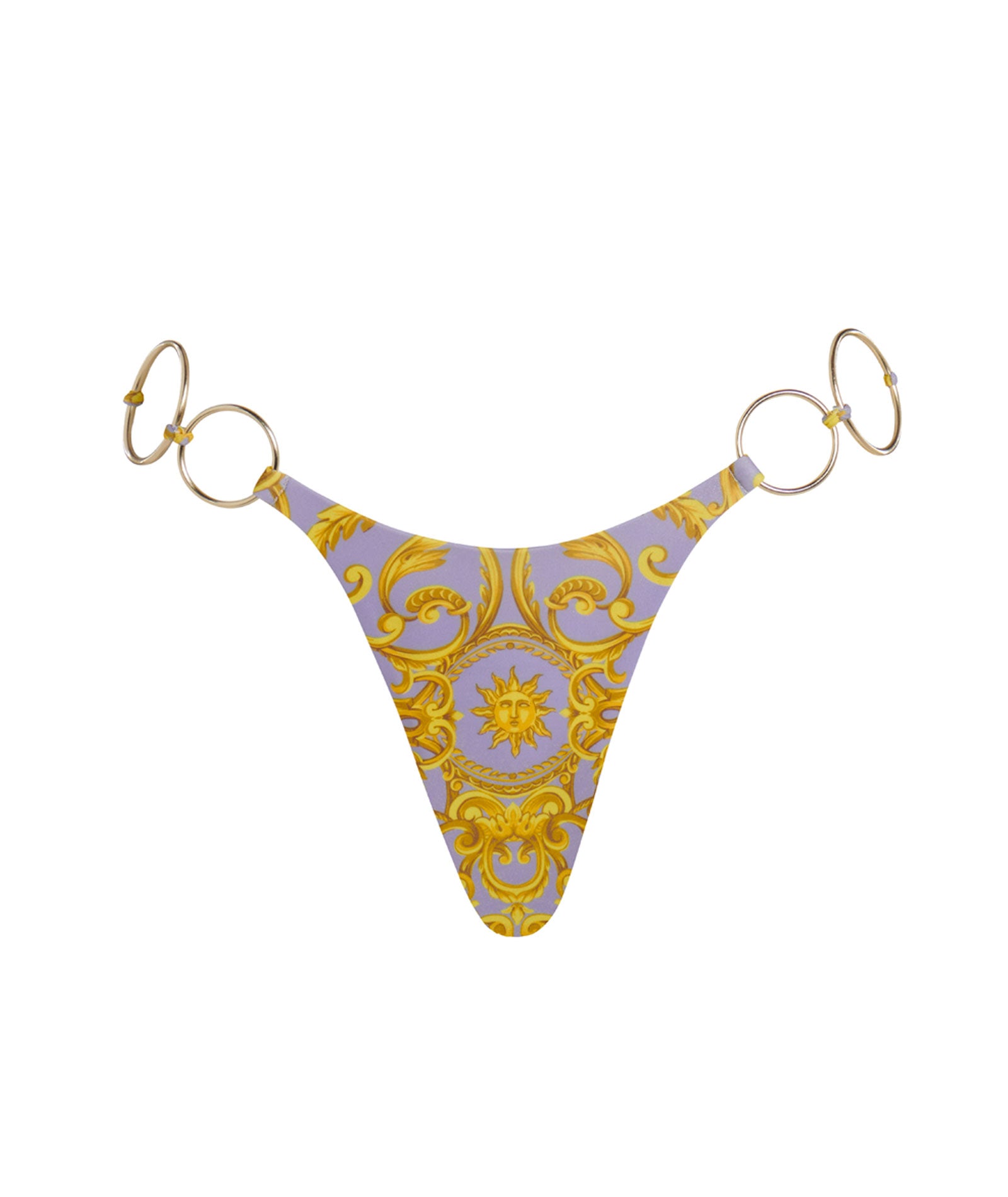 light purple bikini bottoms with gold print sun design and gold ring side details