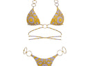 light purple bikini bottoms with gold sun print design and strappy wrap bikini top with circular ring details 