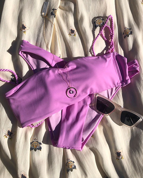 pink bandeau bikini top and matching bottoms 