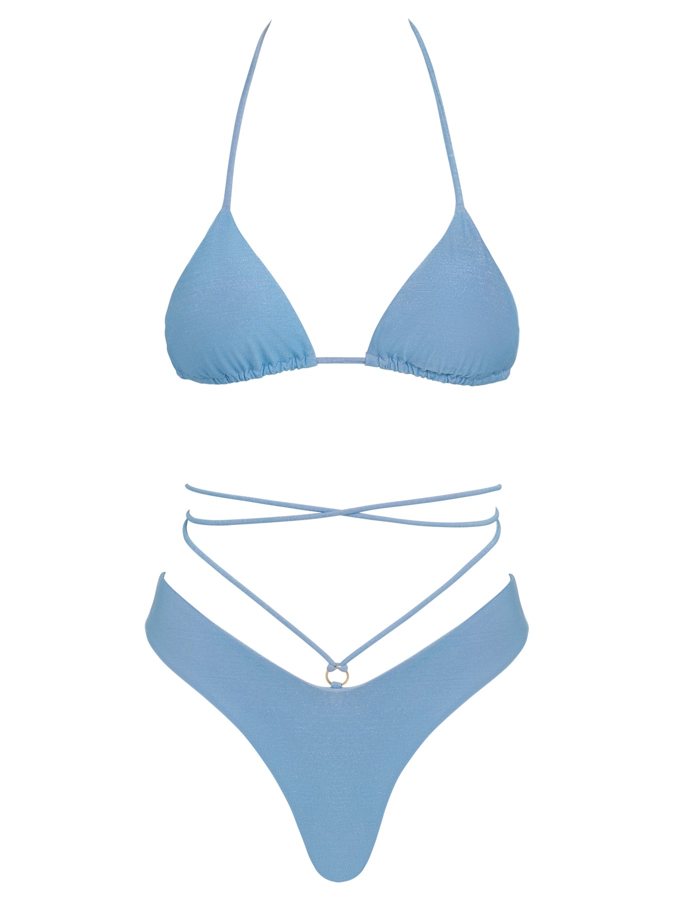 Light blue wrap tie bikini bottoms with matching triangle top.