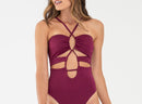 Maroon strappy halter one piece with cutout design.