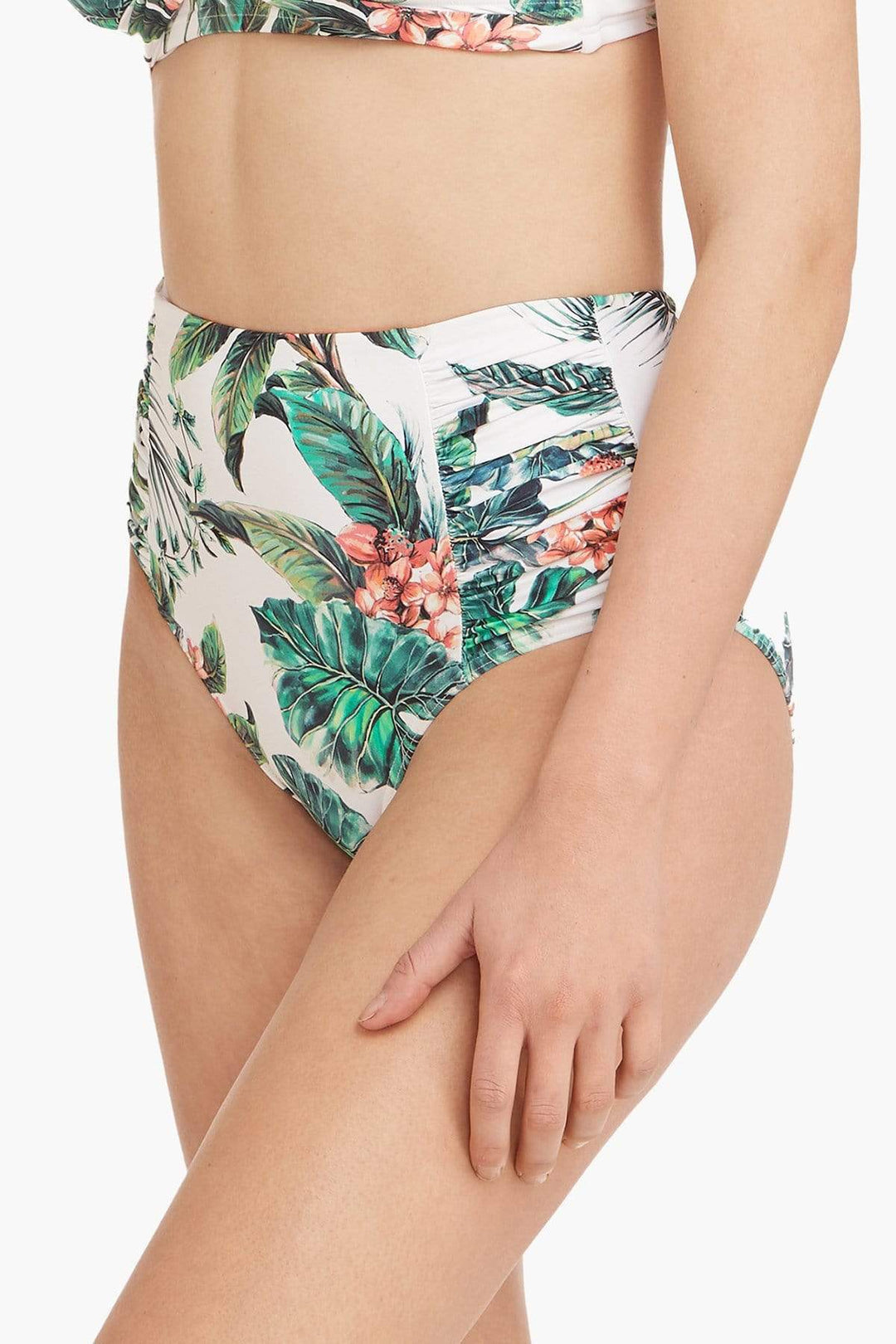 White Tropical Print High Waist Bikini Bottom