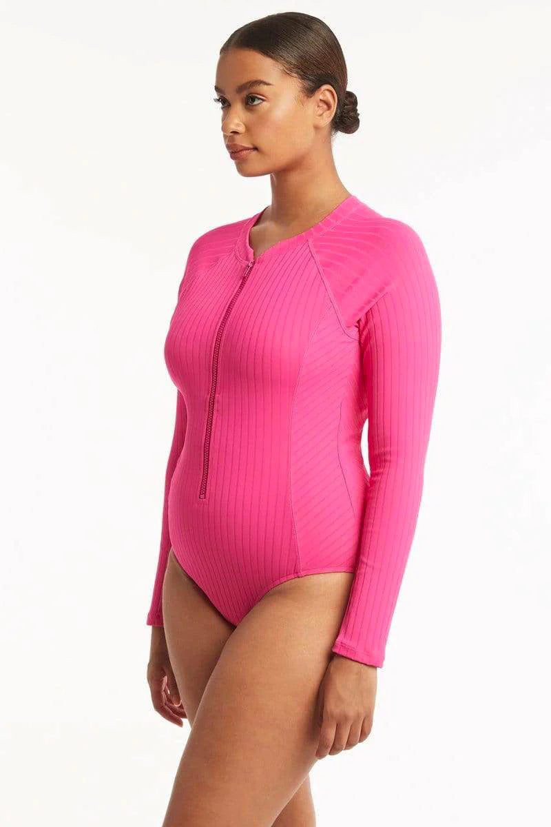 Ribbed Hot Pink Long Sleeve One Piece 