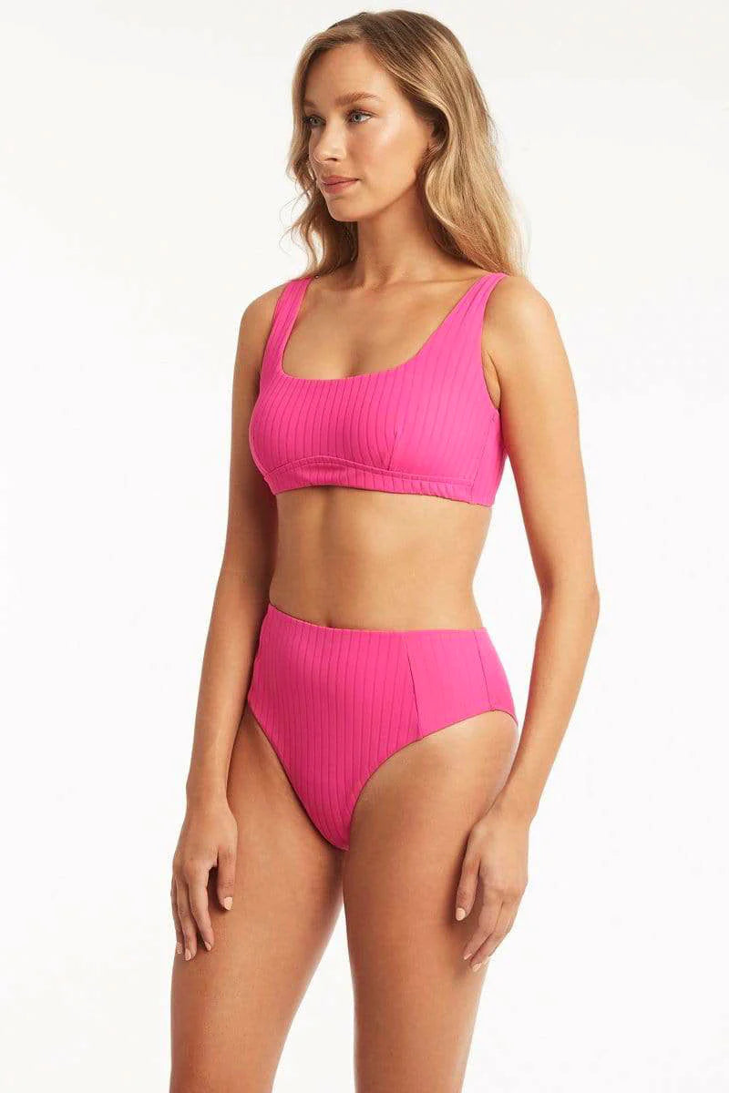 Ribbed Hot Pink High Waist Swim Bottom