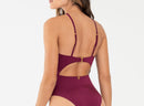 Wine colored one piece with cutout back and adjustable straps.