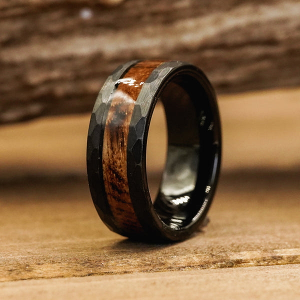 The Lynchburg | Men's Black Hammered Charred Whiskey Barrel Wedding Ring