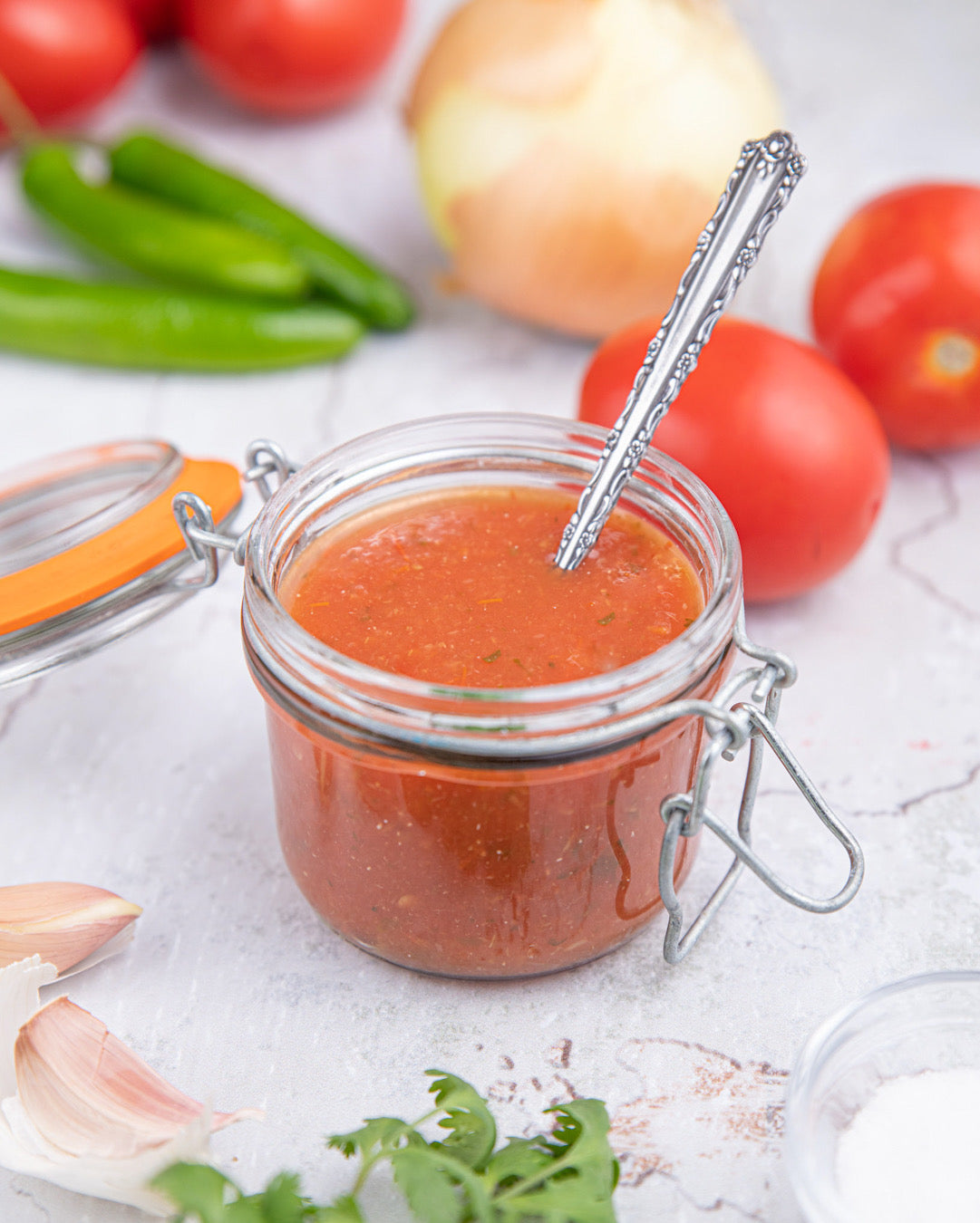 Homemade red salsa for the perfect plate of huevos divorciados, or divorced eggs. | nelliesfreerange.com