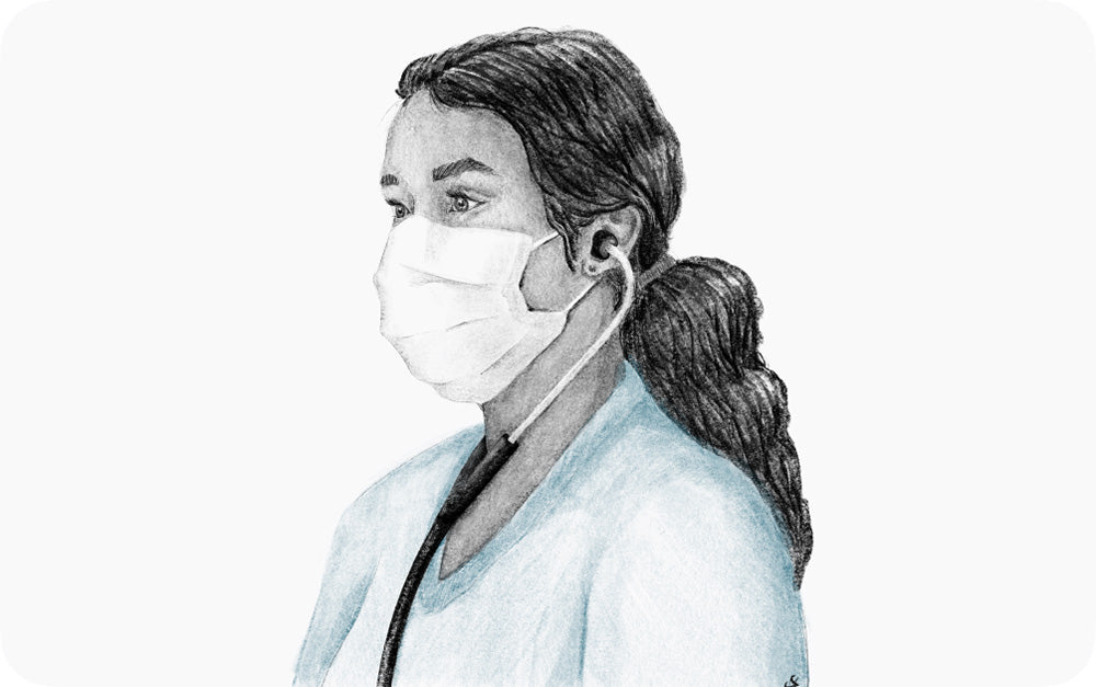 Pencil drawing of female clinician with stethoscope in ears and surgical mask