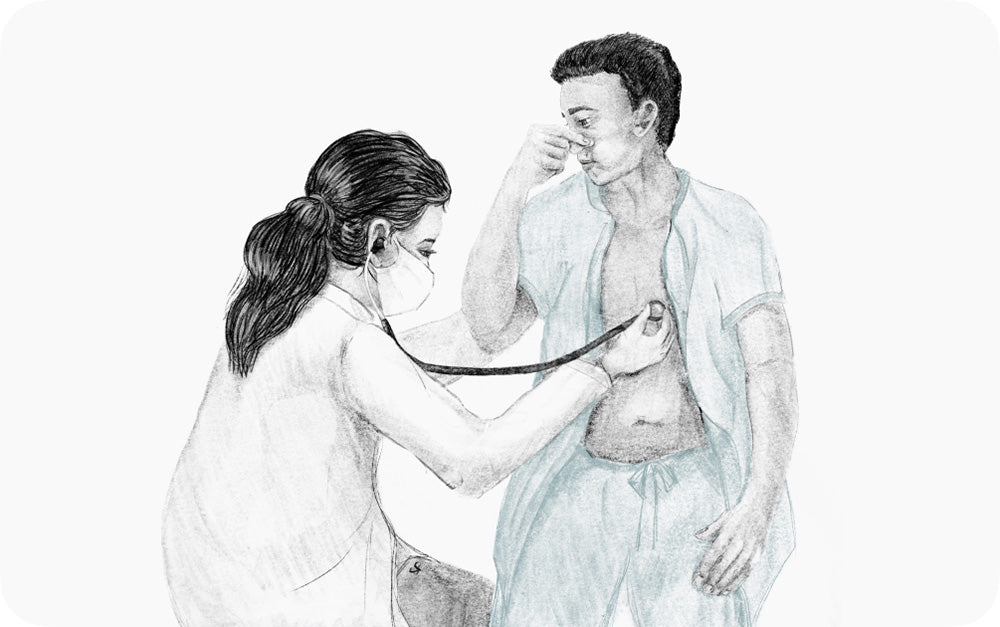 Sketch of clinician auscultating patient during valsalva maneuver