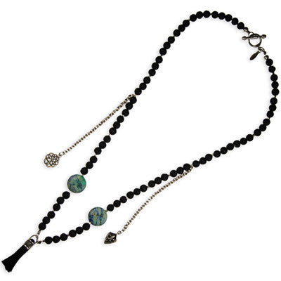 Rose Outline And Fleur De Lys Charm Lava Bead Necklace With Deerskin Leather Tassle And Turquoise Stones