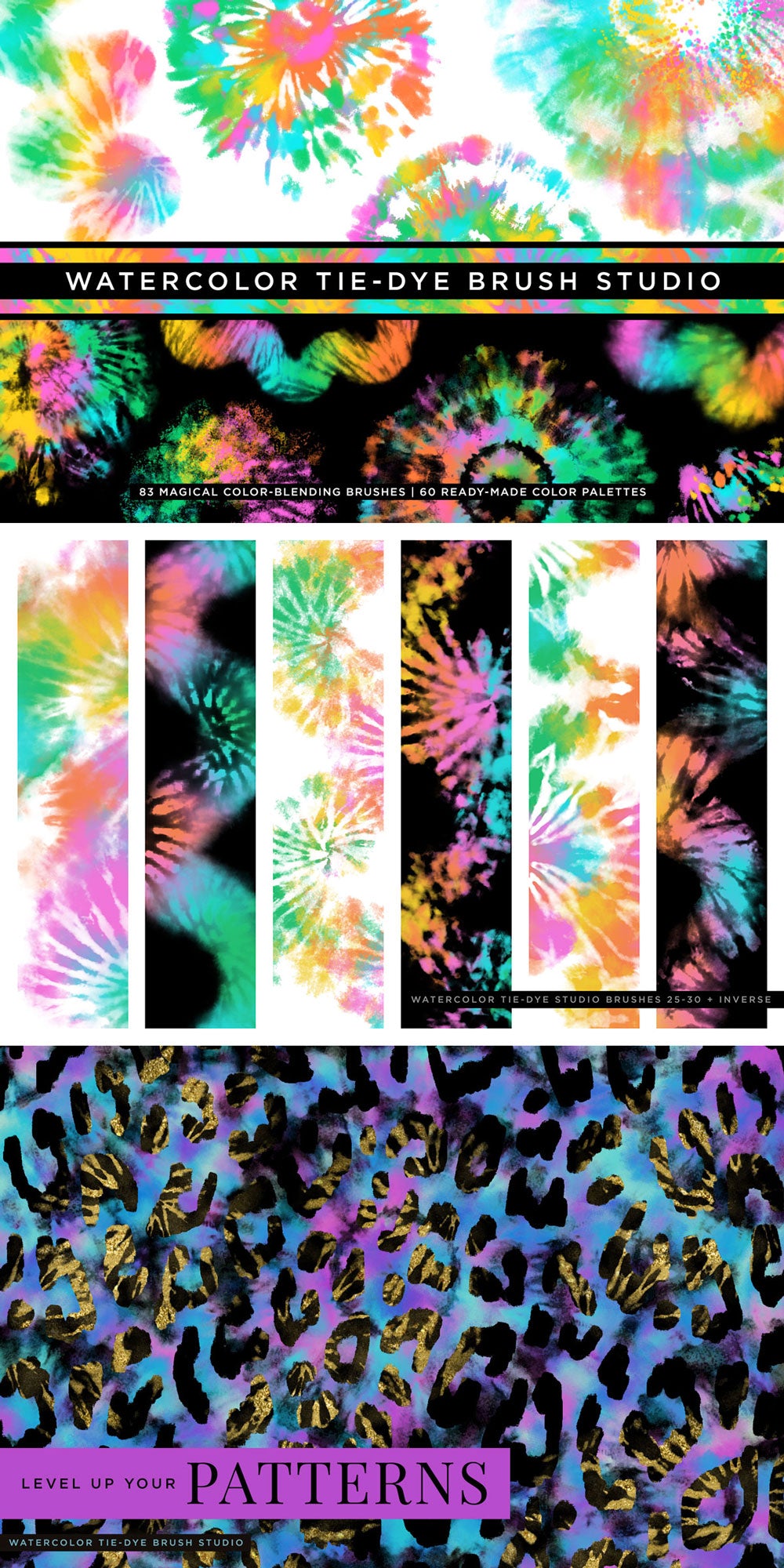 samples of digital tie-dye effects created with tie-dye photoshop brushes