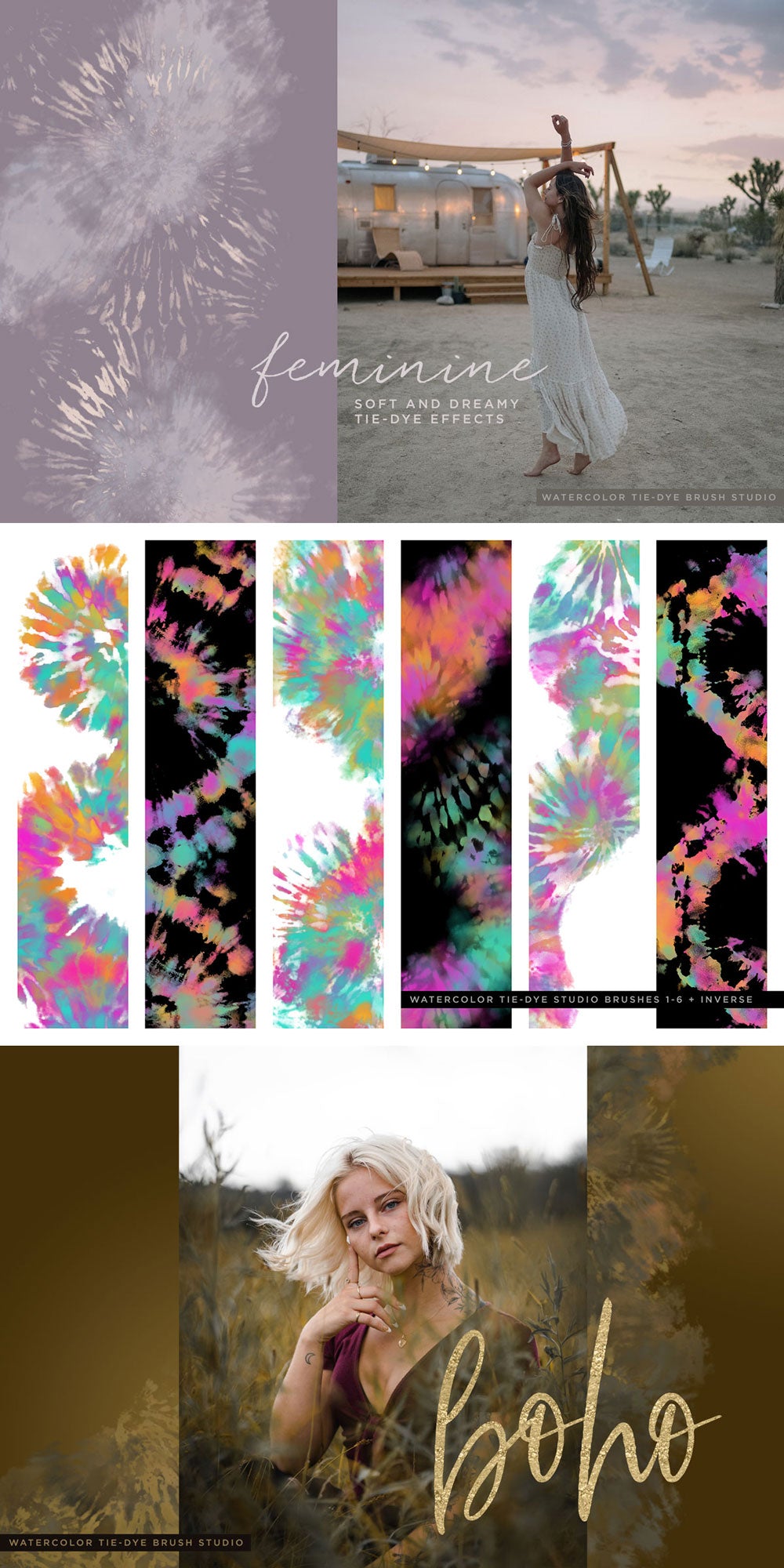 samples of digital tie-dye effects created with tie-dye photoshop brushes, boho samples