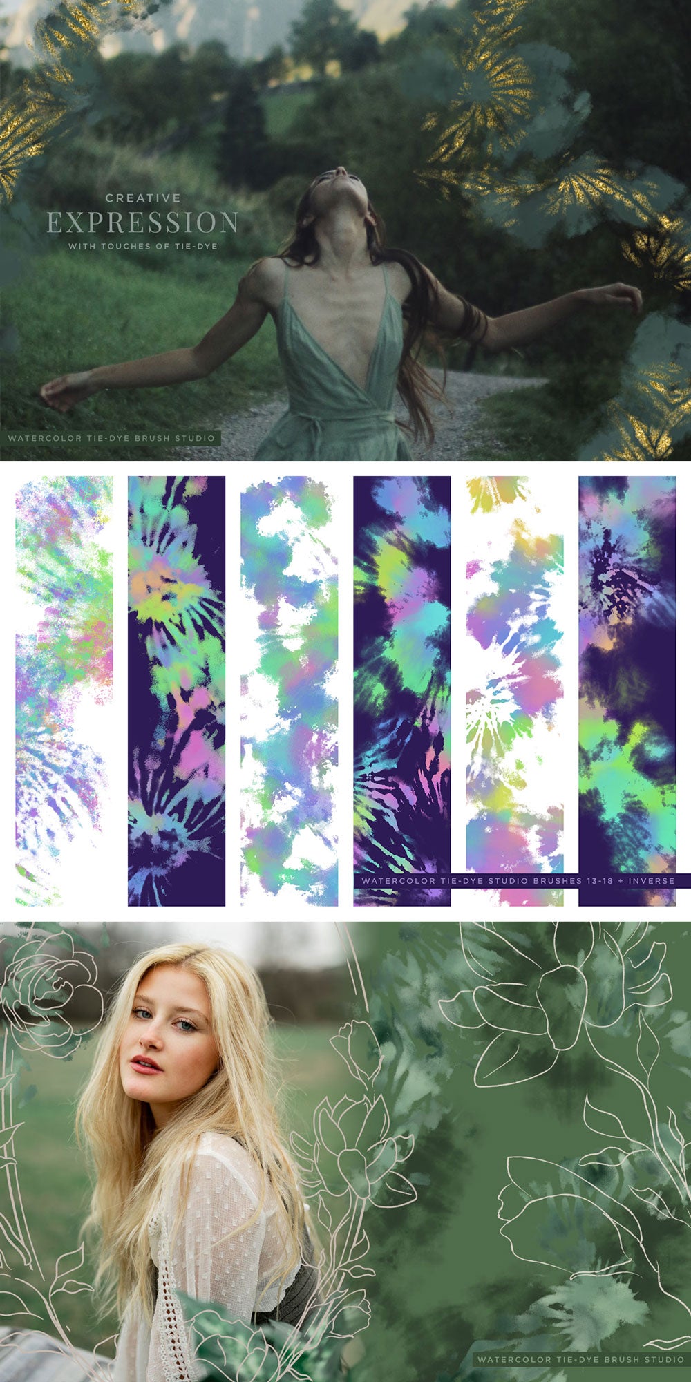 samples of digital tie-dye effects created with tie-dye photoshop brushes, photo overlays and brush samples
