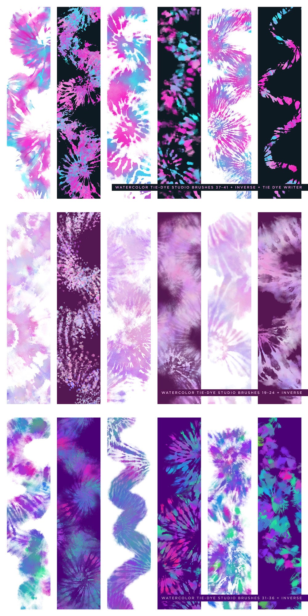 samples of digital tie-dye effects created with tie-dye photoshop brushes, brush chart