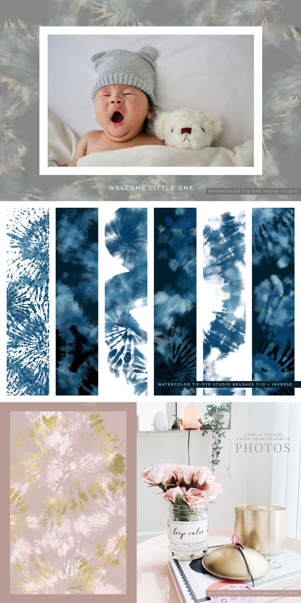 samples of digital tie-dye effects created with tie-dye photoshop brushes, baby invitation, indigo tie dye, feminine designs 