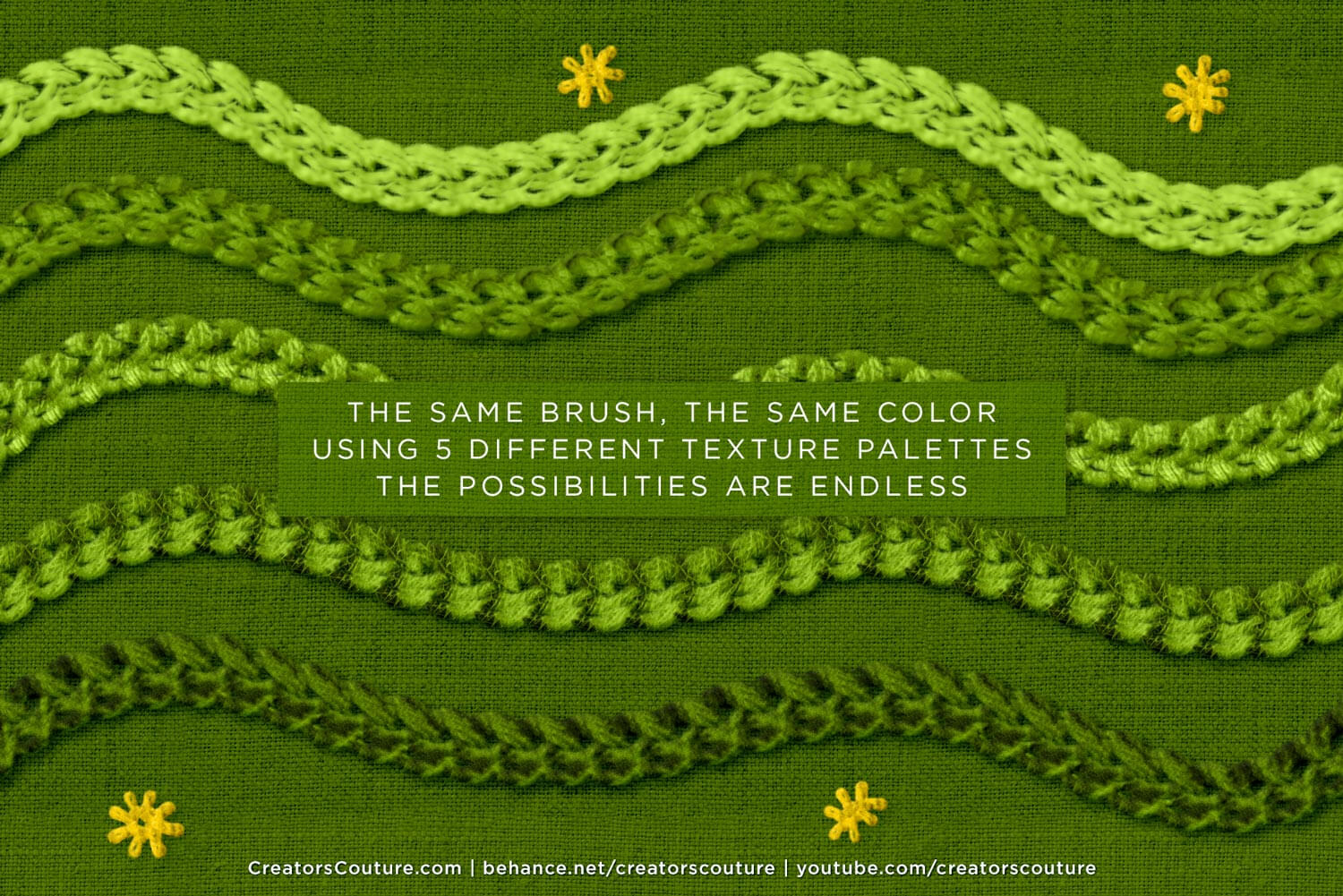 image showing the same embroidery brush but sampled from different texture palettes to create different 3d thread effects