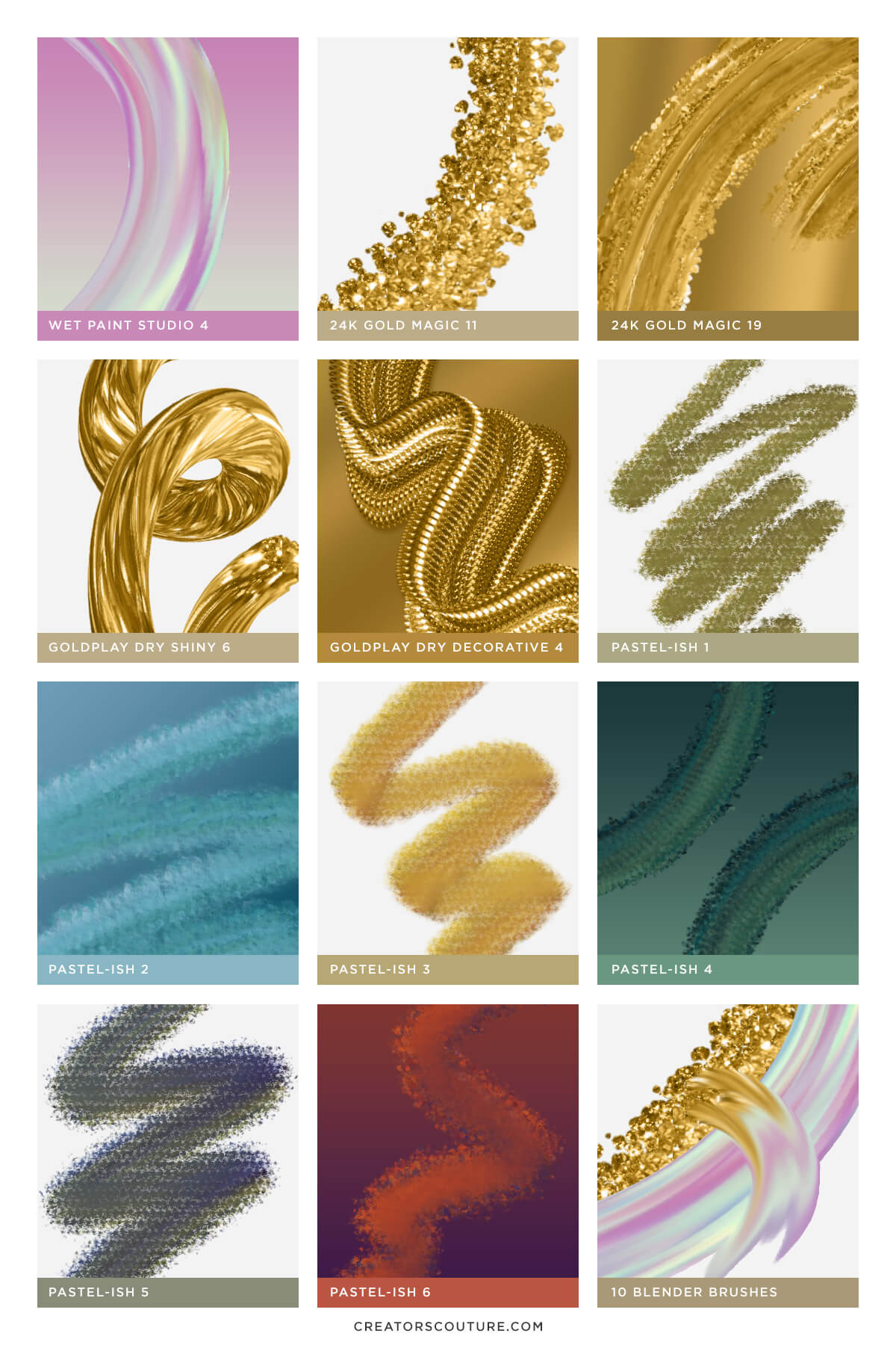 preview of wet paint photoshop brushes, including iridescent wet brushes, 24k liquid gold brushes, dimensional gold brushes, pastel brushes, and blender photoshop brushes