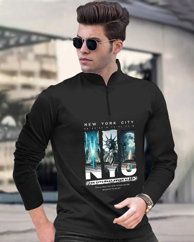 NYC Full small Black Half Zippered High Neck Full Sleeve Men's T-Shirt-FRONT