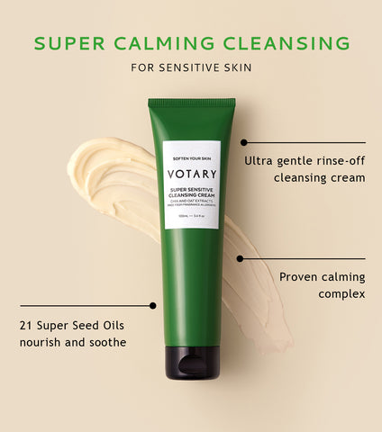 Votary Super Sensitive Cleansing Cream in a green tube with white label. Behind the tube of cleanser is a swatch of the cream. Surrounding the image are ingredient facts about the cream which can be found in the text below.