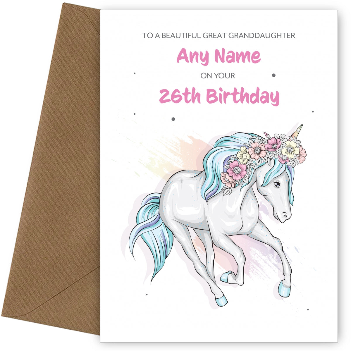 26th Birthday Card for Great Granddaughter - Beautiful Unicorn