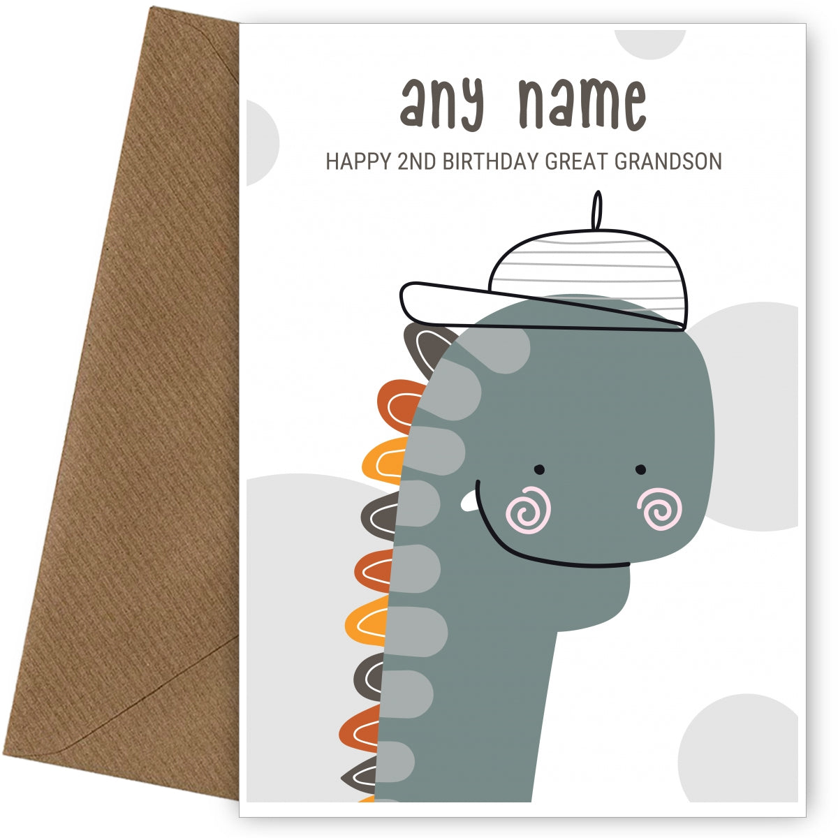 Happy 2nd Birthday Card for Great Grandson - Dinosaur with Cap