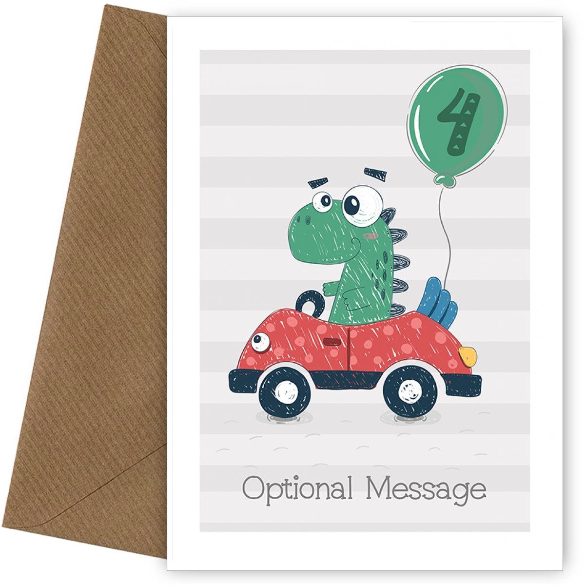 Boys 4th Birthday Card - Dinosaur Driving a Car