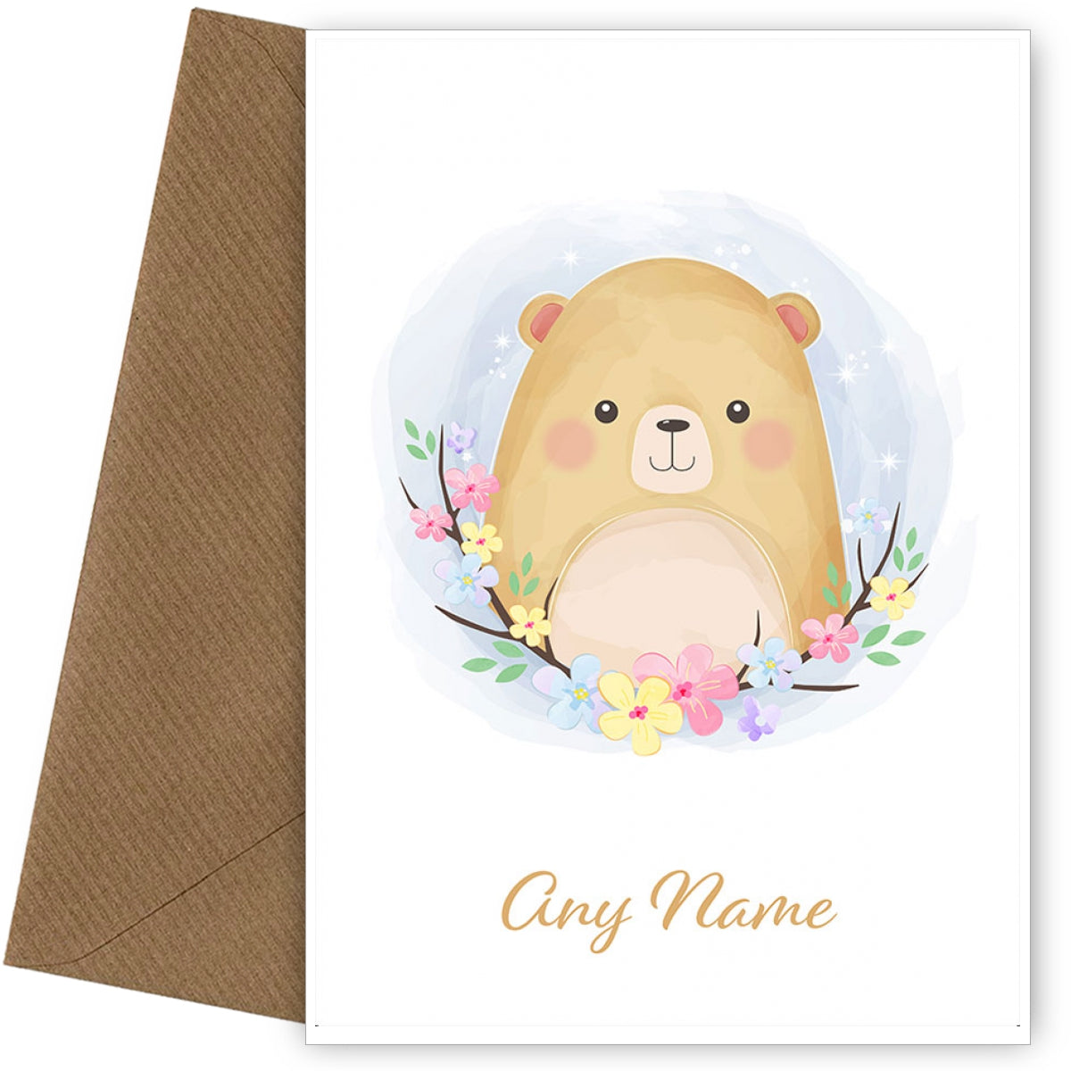 Personalised Cute Bear Portrait With Flowers Card