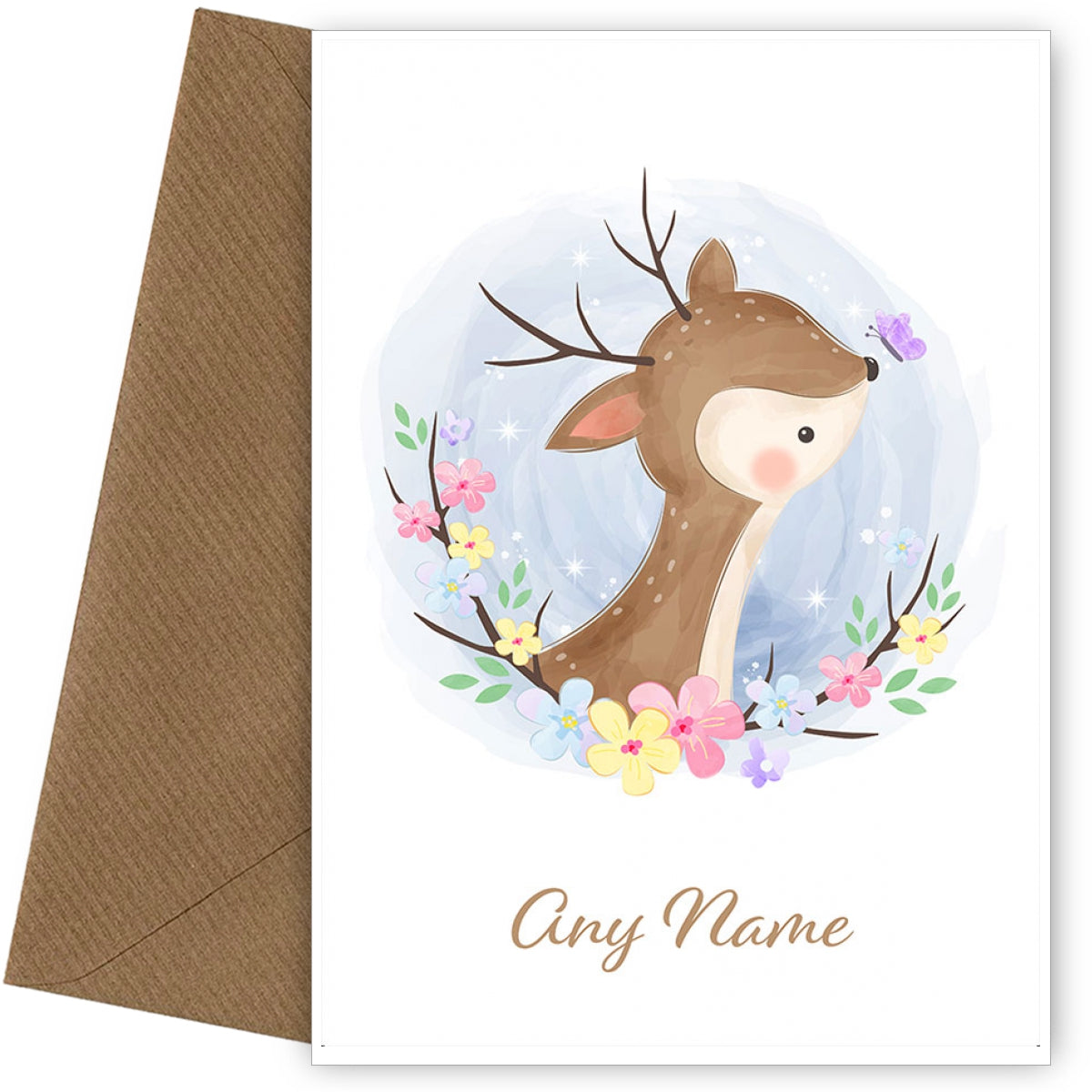 Personalised Cute Deer With Butterfly Card
