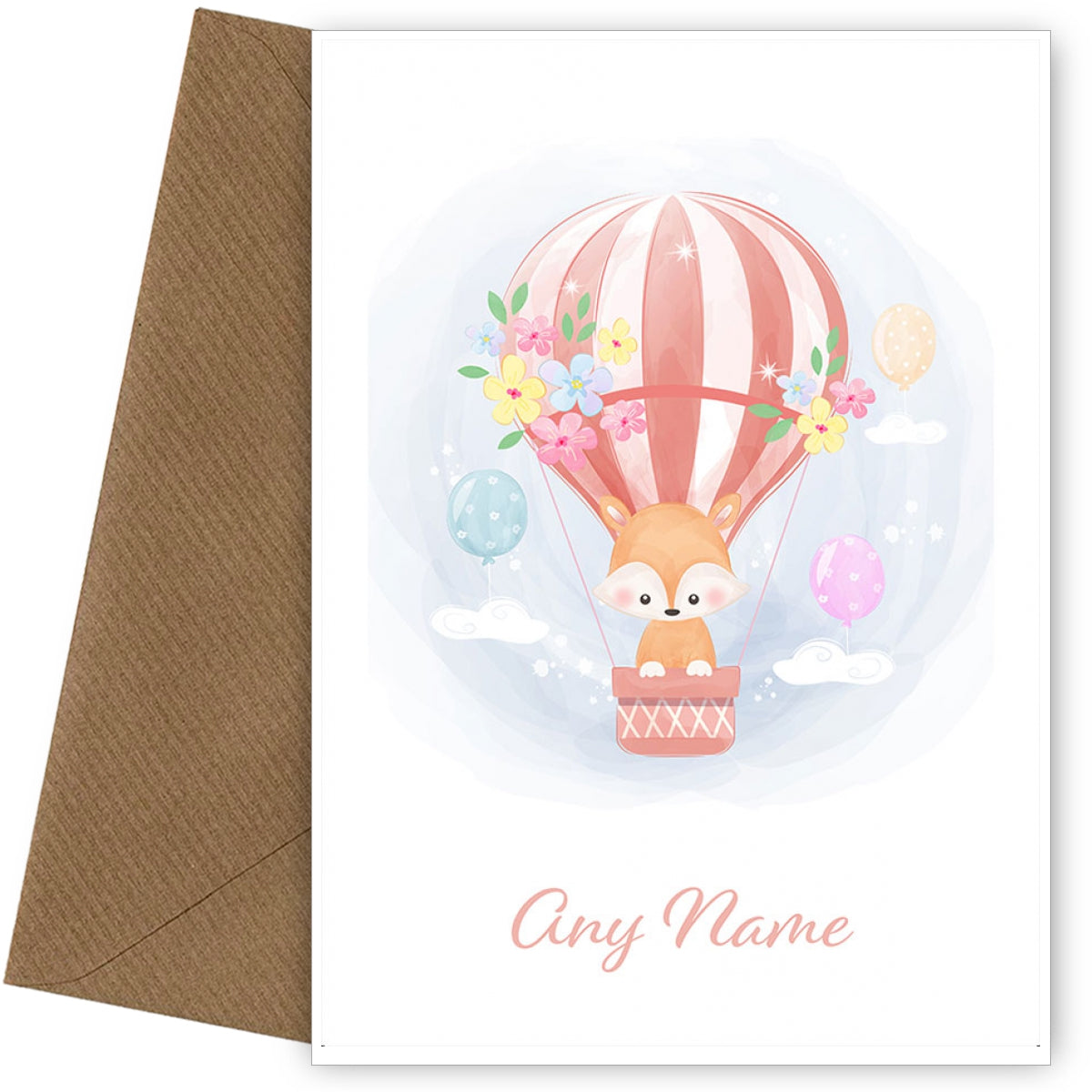 Personalised Cute Fox In A Hot Air Balloon Card