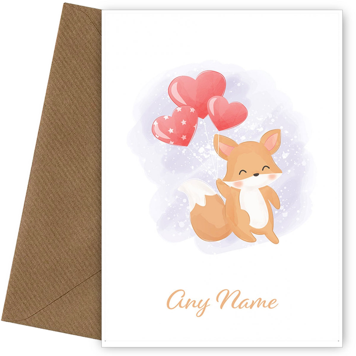 Personalised Cute Fox With Heart Shaped Balloons Card