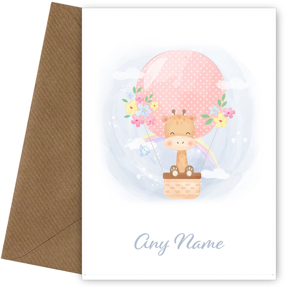 Personalised Cute Giraffe In A Hot Air Balloon Card