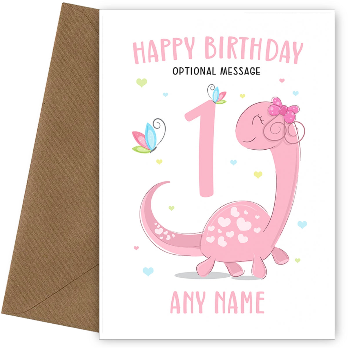 Pink Dinosaur 1st Birthday Card for Girls