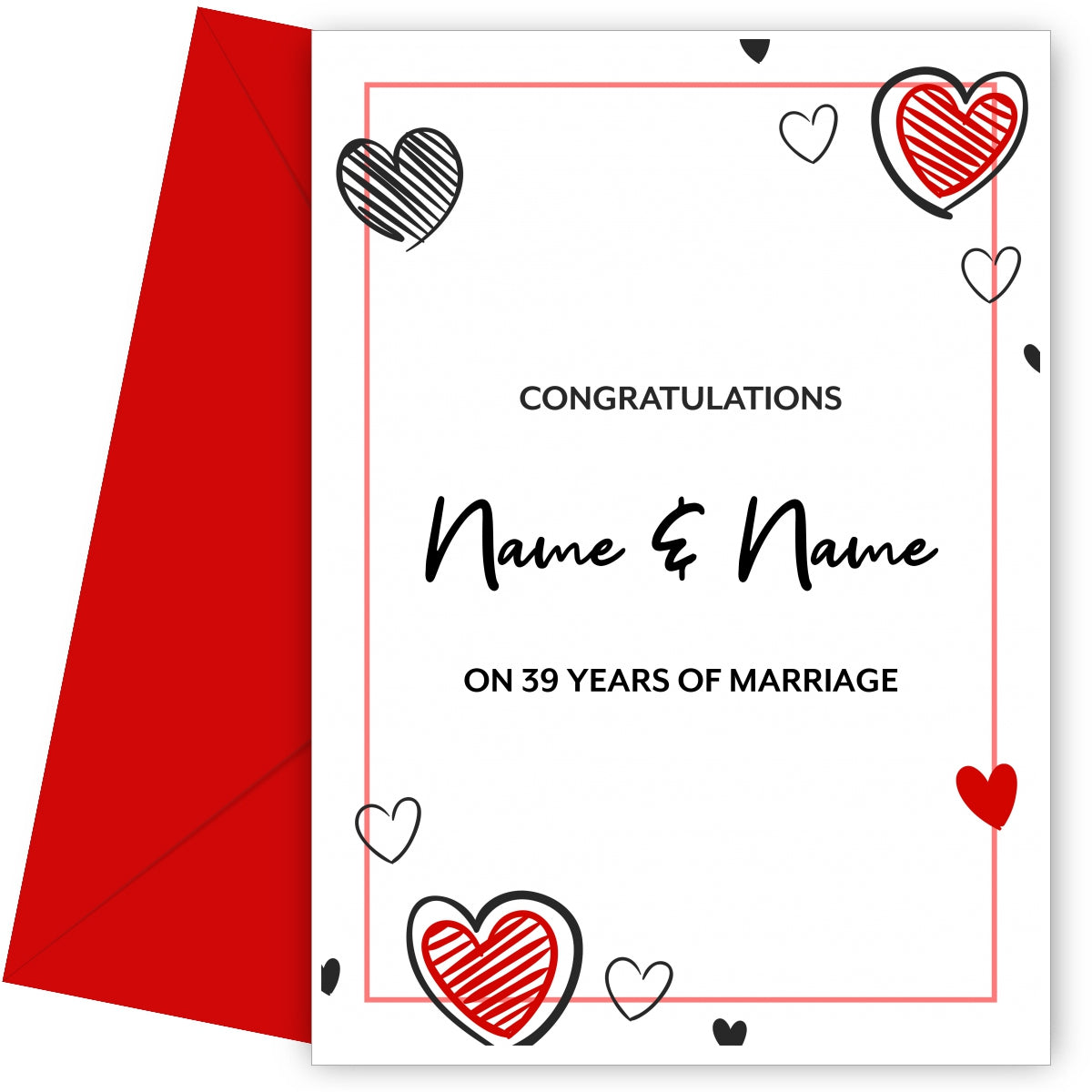 Doodle Hearts 39th Wedding Anniversary Card for Couples