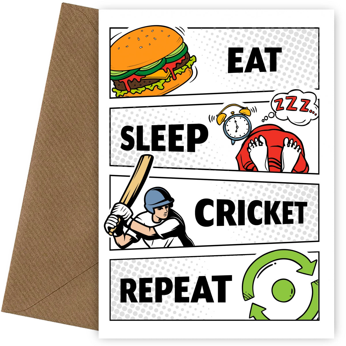Cricket Birthday Card for Adult or Teenager - Eat Sleep Cricket Repeat Birthday Cards for Men 