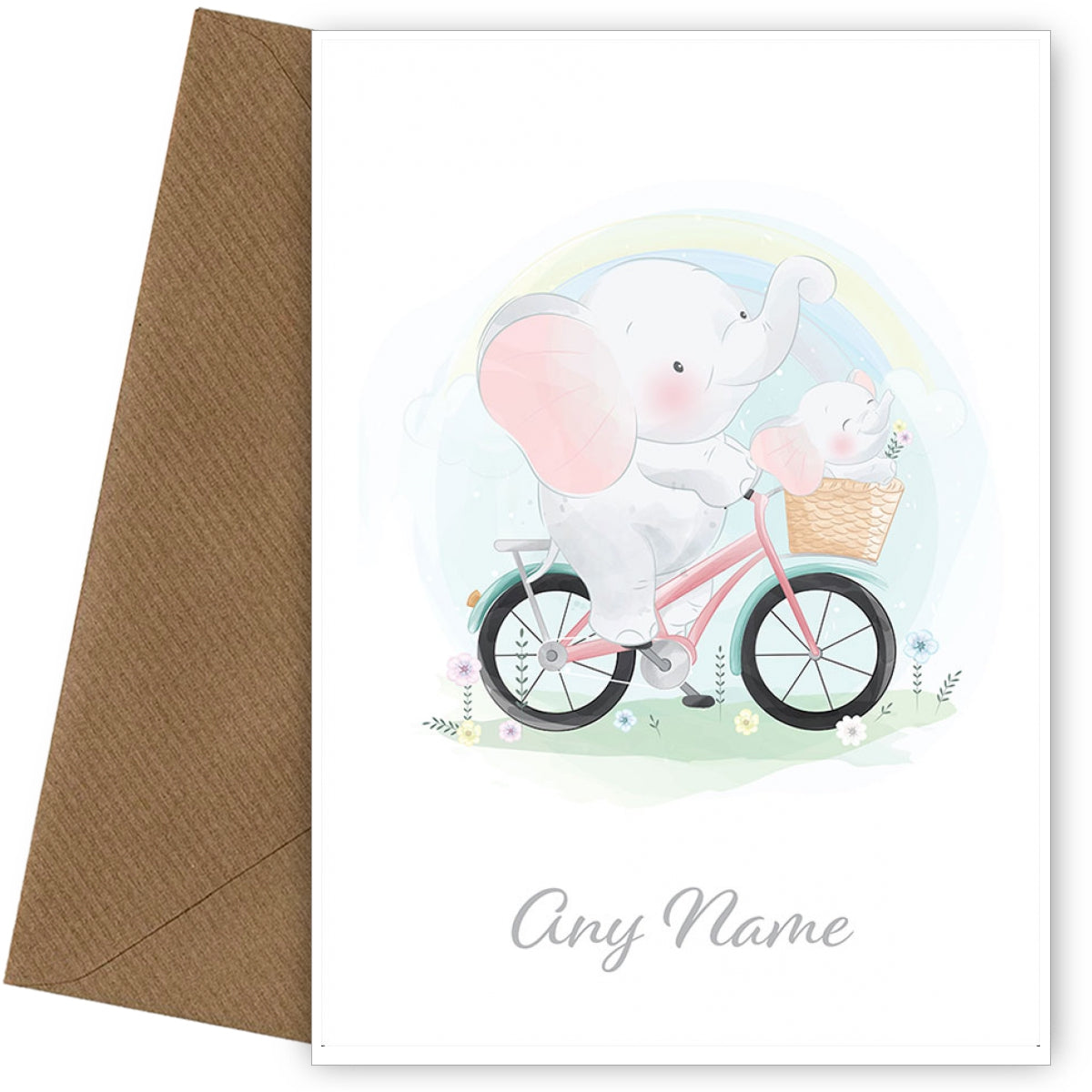 Personalised Elephant Mum And Baby Riding A Bike Card