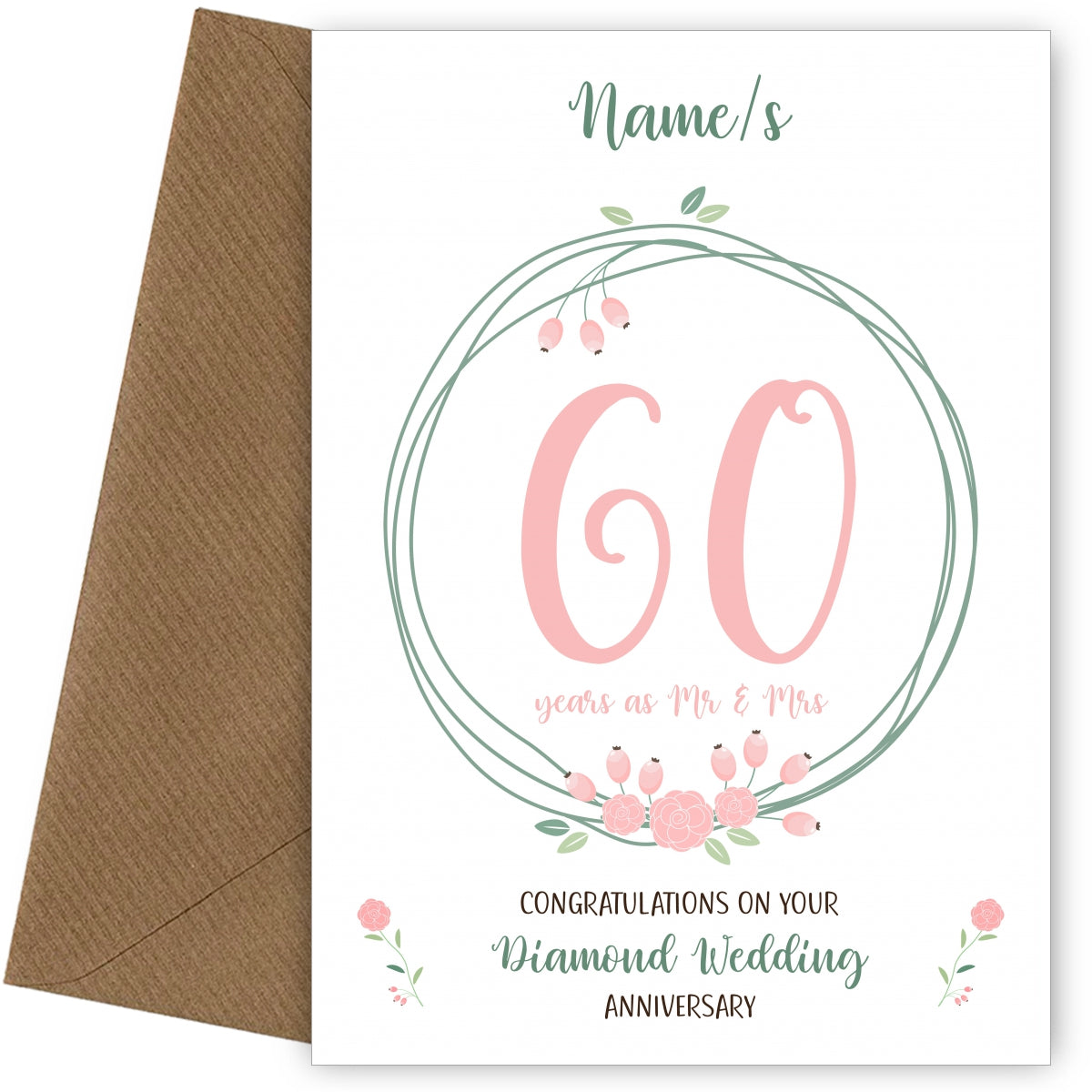 Couples 60th Wedding Anniversary Card - Diamond - Floral