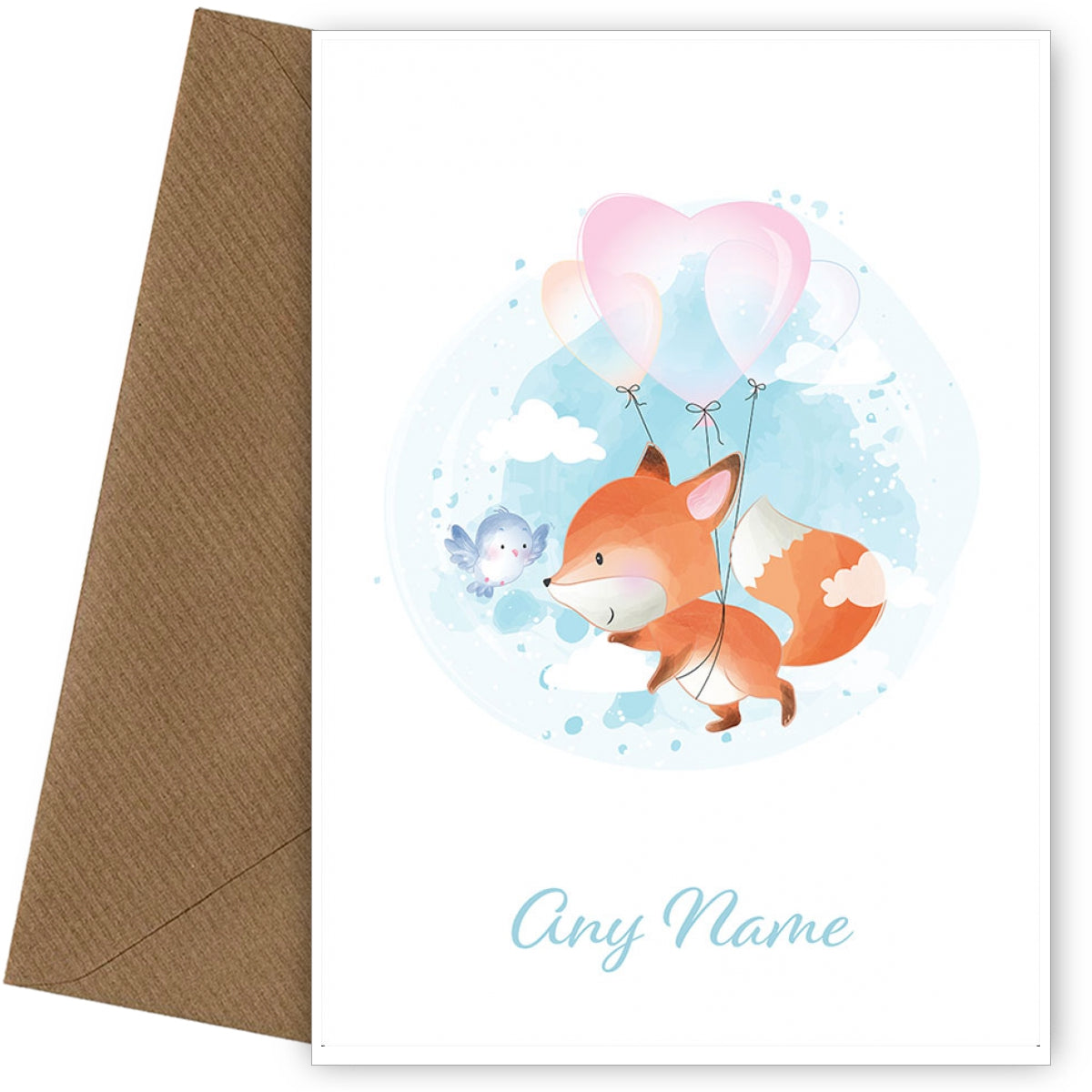 Personalised Flying Fox With Heart Balloon Card