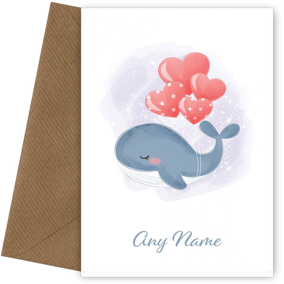 Personalised Flying Whale With Heart Balloons Card