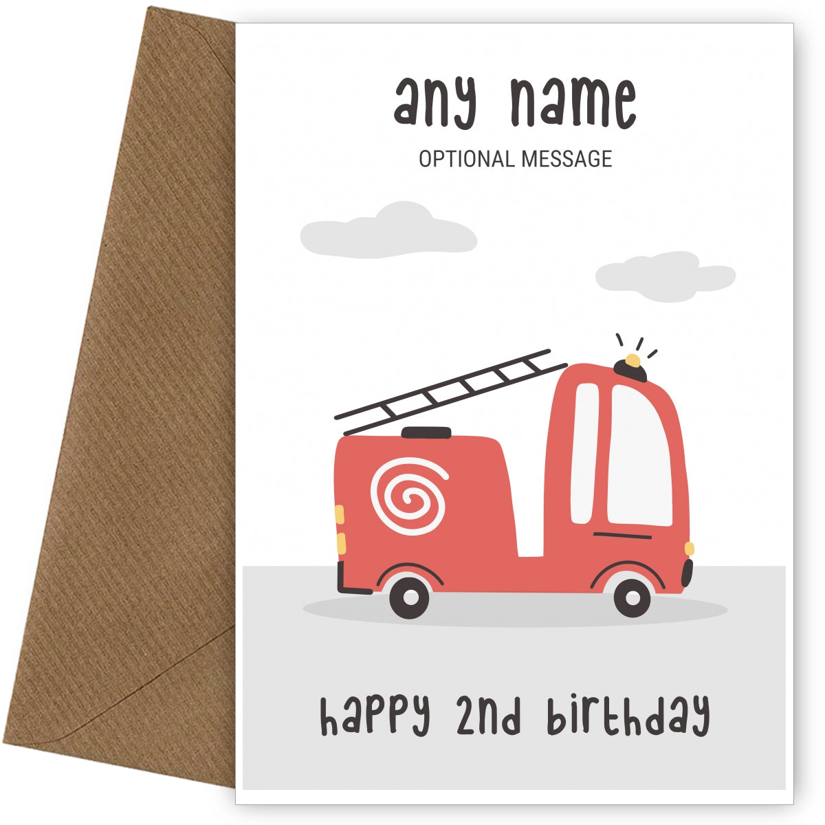 Fun Vehicles 2nd Birthday Card for Any Name - Fire Engine