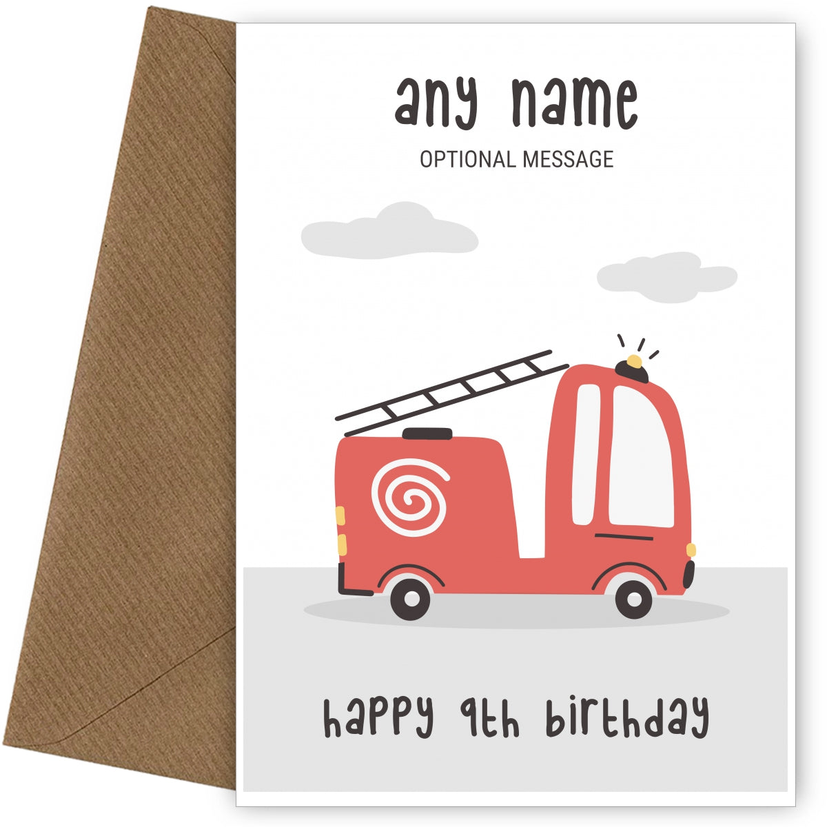 Fun Vehicles 9th Birthday Card for Any Name - Fire Engine