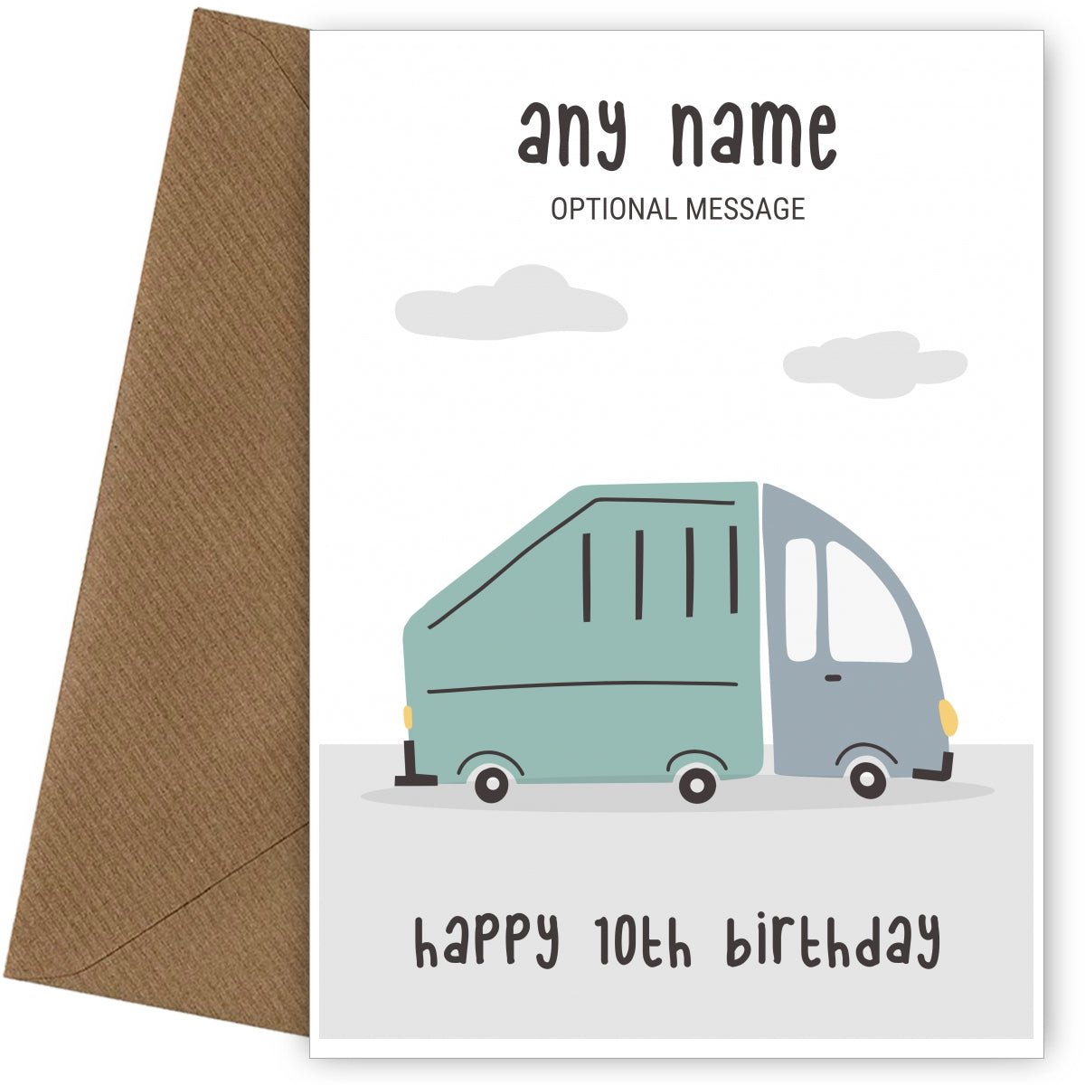 Fun Vehicles 10th Birthday Card for Any Name - Garbage Truck