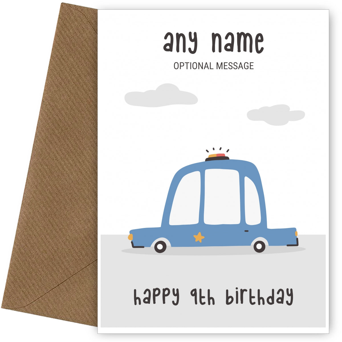 Fun Vehicles 9th Birthday Card for Any Name - Police Car
