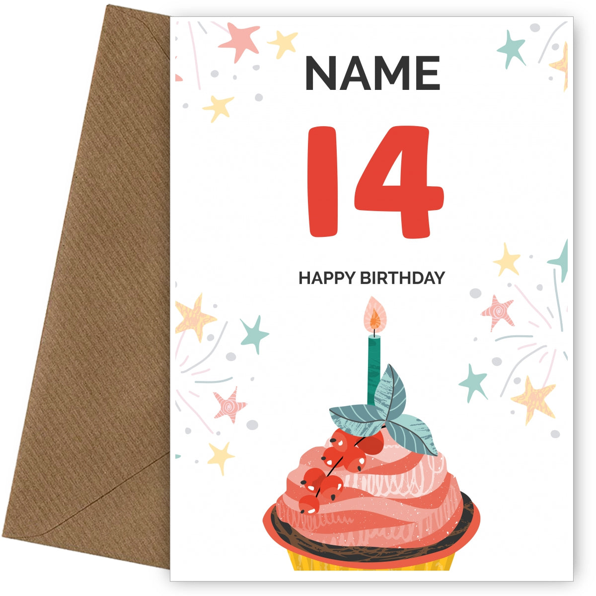 Happy 14th Birthday Card - Fun Cupcake Design